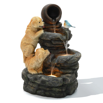LuxenHome Outdoor Water Fountain, 26" Puppy and Rock Resin Water Fountains Indoor with LED Lights