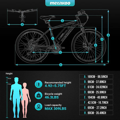 Metakoo 26 In. Mountain Electric Bicycle, 350 W Motor, 3 Hours Fast Charge, 36V Removable Battery, 20Mph with 21 Speed Gears, Black