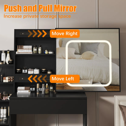 Vanity Desk with Sliding Mirror and Lights, Makeup Vanity Set with 4 Drawers, Stool, Power Outlet, Open Shelves, 3 Color Adjustable Lighting Modes, Makeup Dressing Table for Bedroom, White