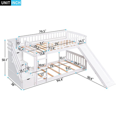 Stairway Bunk Beds Twin over Twin, Wooden Bunk Bed Frame with Kids Slide and Storage Staircase, 2-in-1 Storage Beds Frame with Ladder and Safety Guardrails for Boys Girls Bedroom, White