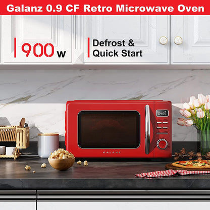 Galanz GLCMKZ09RDR09 Retro Countertop Microwave Oven with Auto Cook & Reheat, Defrost, Quick Start Functions, Easy Clean with Glass Turntable, Pull Handle, 0.9 cu ft, Red
