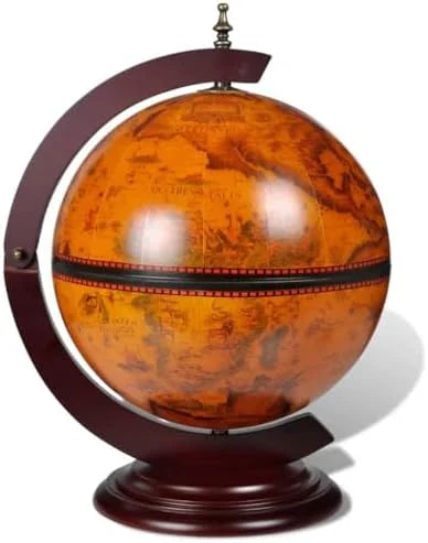 Green & Brown Tabletop Globe Wine Stand - Eucalyptus Wood with Antique Replica Frescoes and 16th  Nautical Maps - Assembly Required