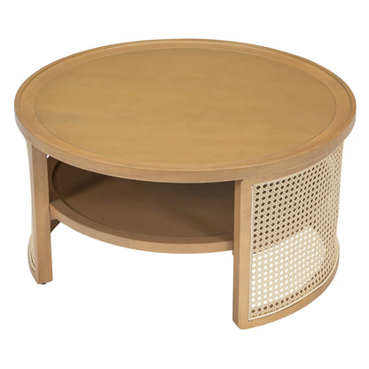 Harper & Bright Designs Rattan Round Coffee Table with Storage Shelf, Round Cane Wood Center Table for Living Room, 37'' Brown