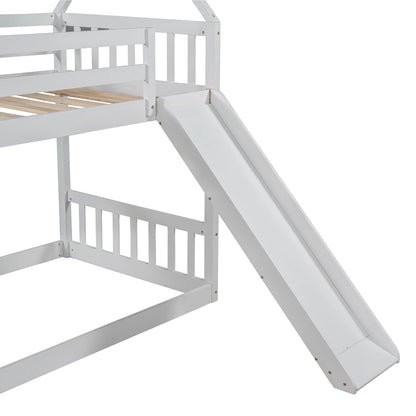 Low Bunk Bed with Slide and Stairs, Wood Twin Over Twin House Bunk Beds for Kids, Floor Bunk Bed with Stairway Easy Assembly (White)