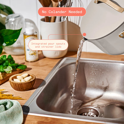 Beautiful 12pc Ceramic Non-Stick Cookware Set with Strainer Lids, White Icing by Drew Barrymore