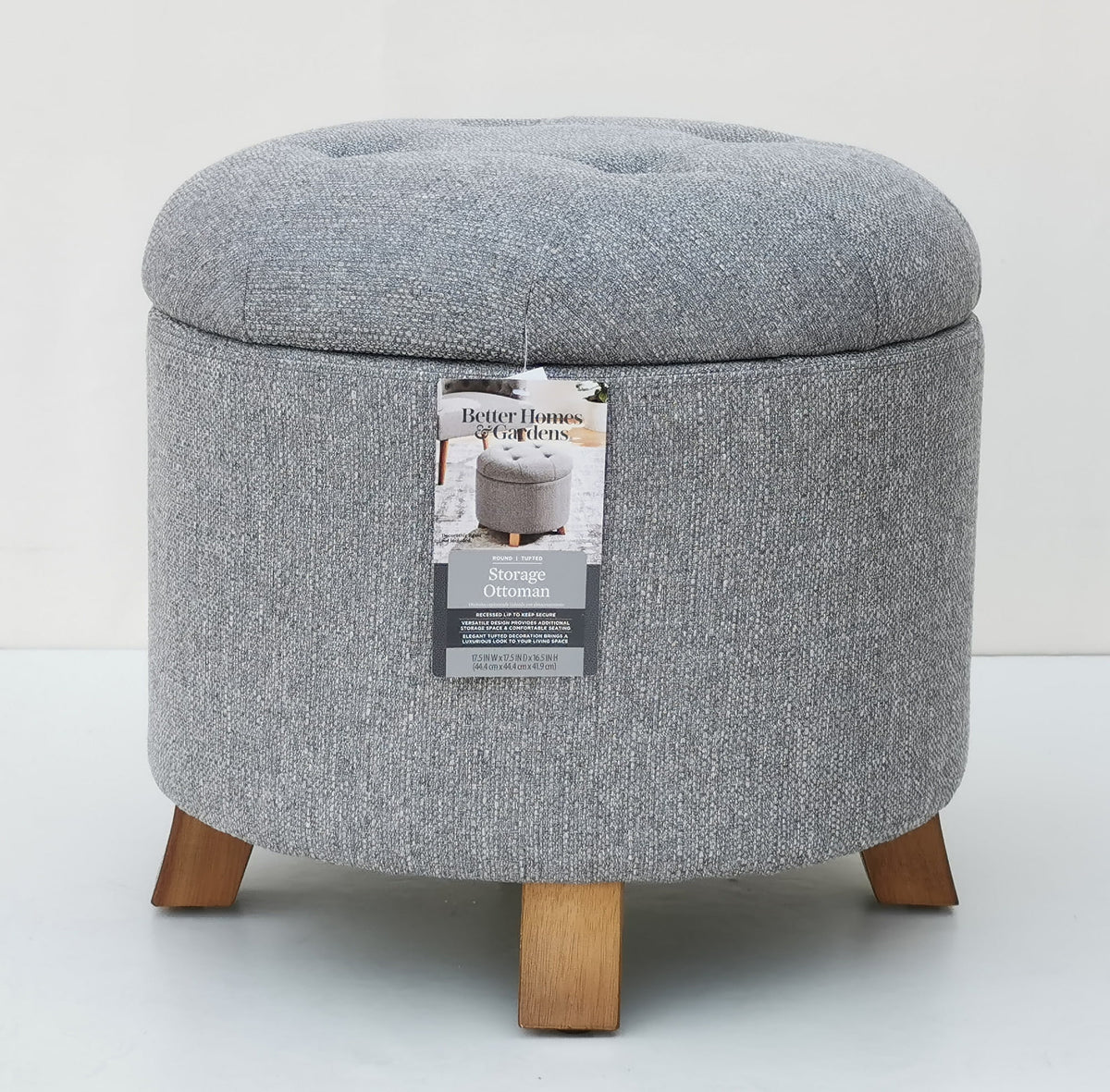 Better Homes & Gardens Round Tufted Storage Ottoman, Gray Faux Linen