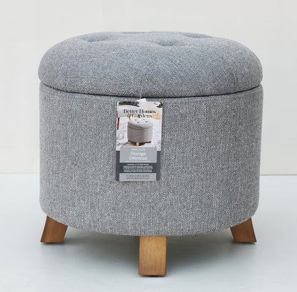Better Homes & Gardens Round Tufted Storage Ottoman, Gray Faux Linen