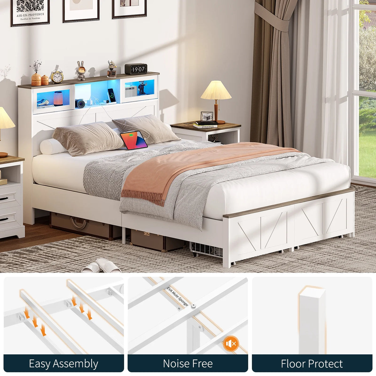 Full Size Bed Frame with Headboard, Full Bed Frame with Charging Station, LED Beds with 2 Storage Drawers,  Wood Farmhouse Bedframe, White