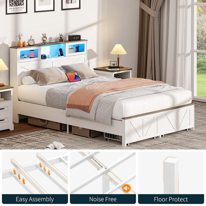 Full Size Bed Frame with Headboard, Full Bed Frame with Charging Station, LED Beds with 2 Storage Drawers,  Wood Farmhouse Bedframe, White