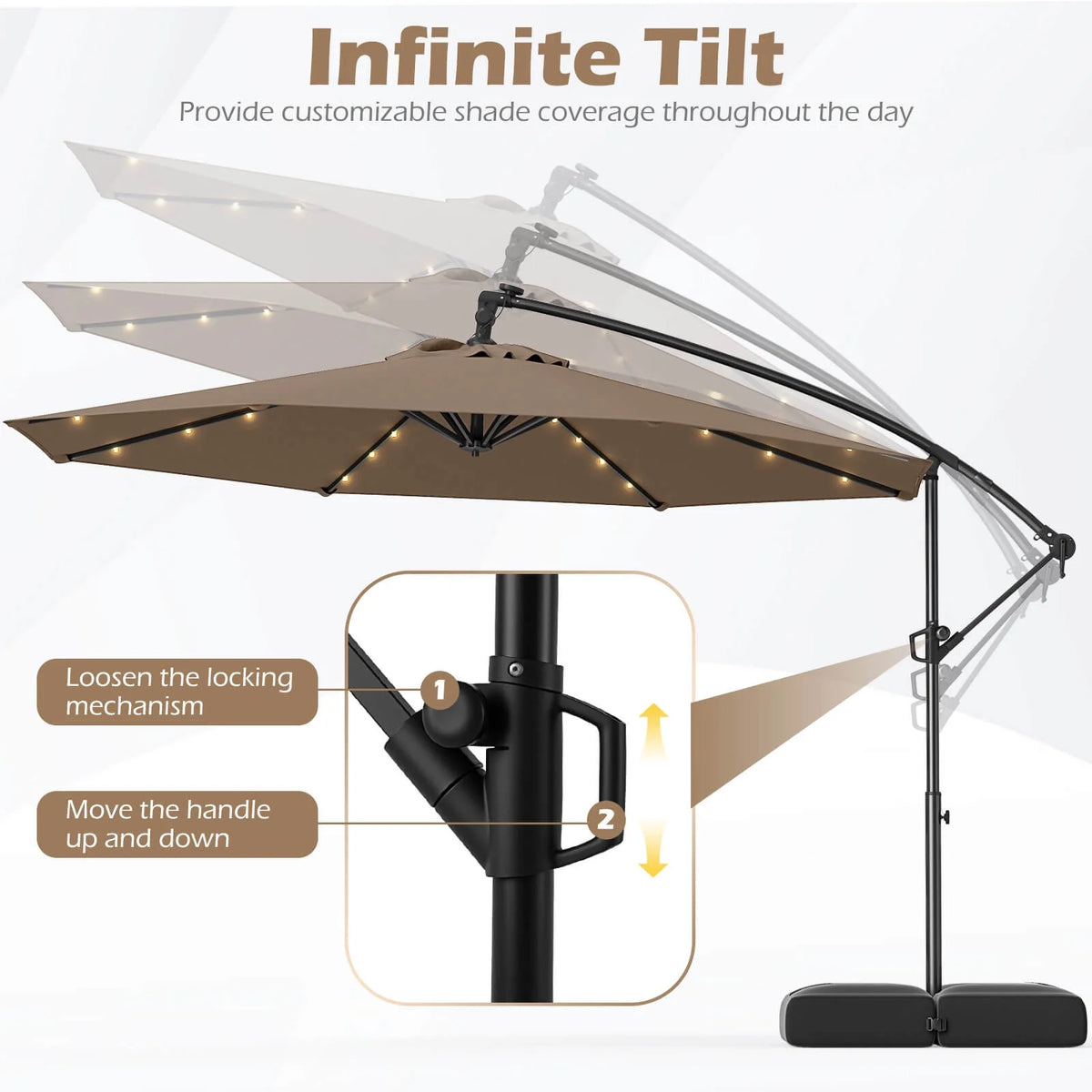 Costway 10 FT Solar Offset Hanging Umbrella Patio Cantilever Umbrella with 32 LED Lights Brown