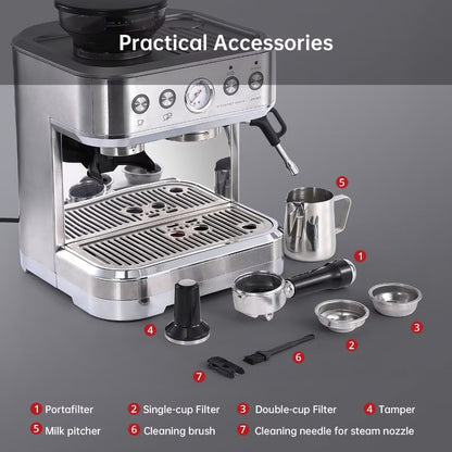 Espresso Machine with Milk Frother and Grinder, 2.5L Water Tank, Brushed Stainless Steel