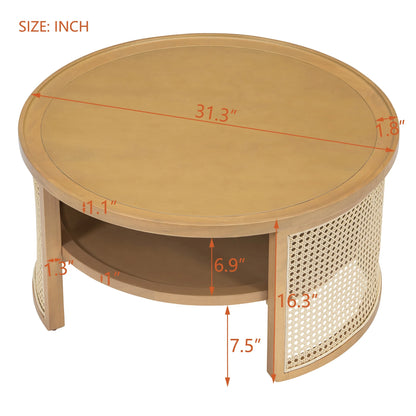 Harper & Bright Designs Rattan Round Coffee Table with Storage Shelf, Round Cane Wood Center Table for Living Room, 37'' Brown