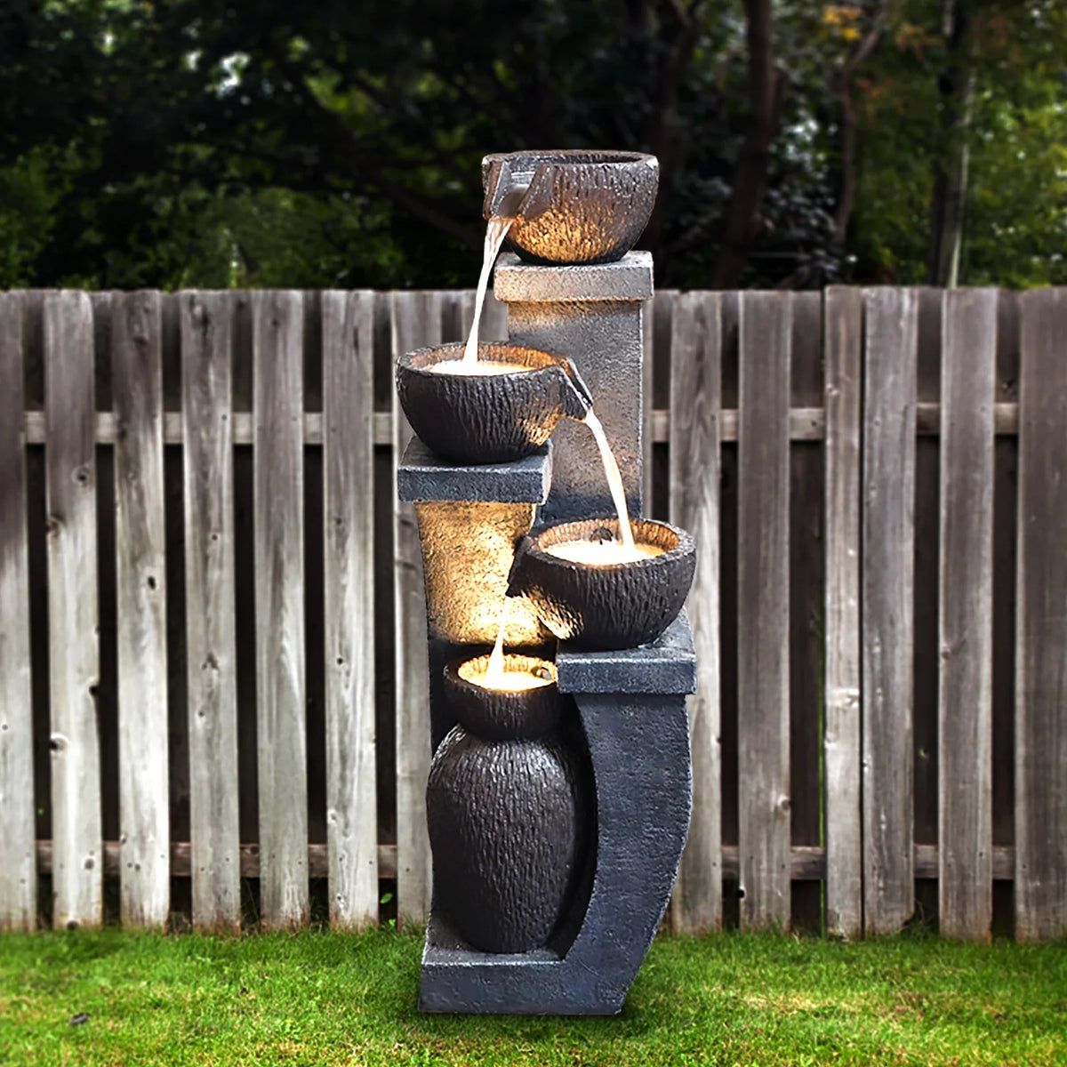 37.4 H Outdoor Water Fountain with 4 Crocks, Modern LED Lighted Garden Floor Fountain for Patios and Yards Durable Resin Water Feature with Cascading Waterfall Design for Indoor/Outdoor Dcor