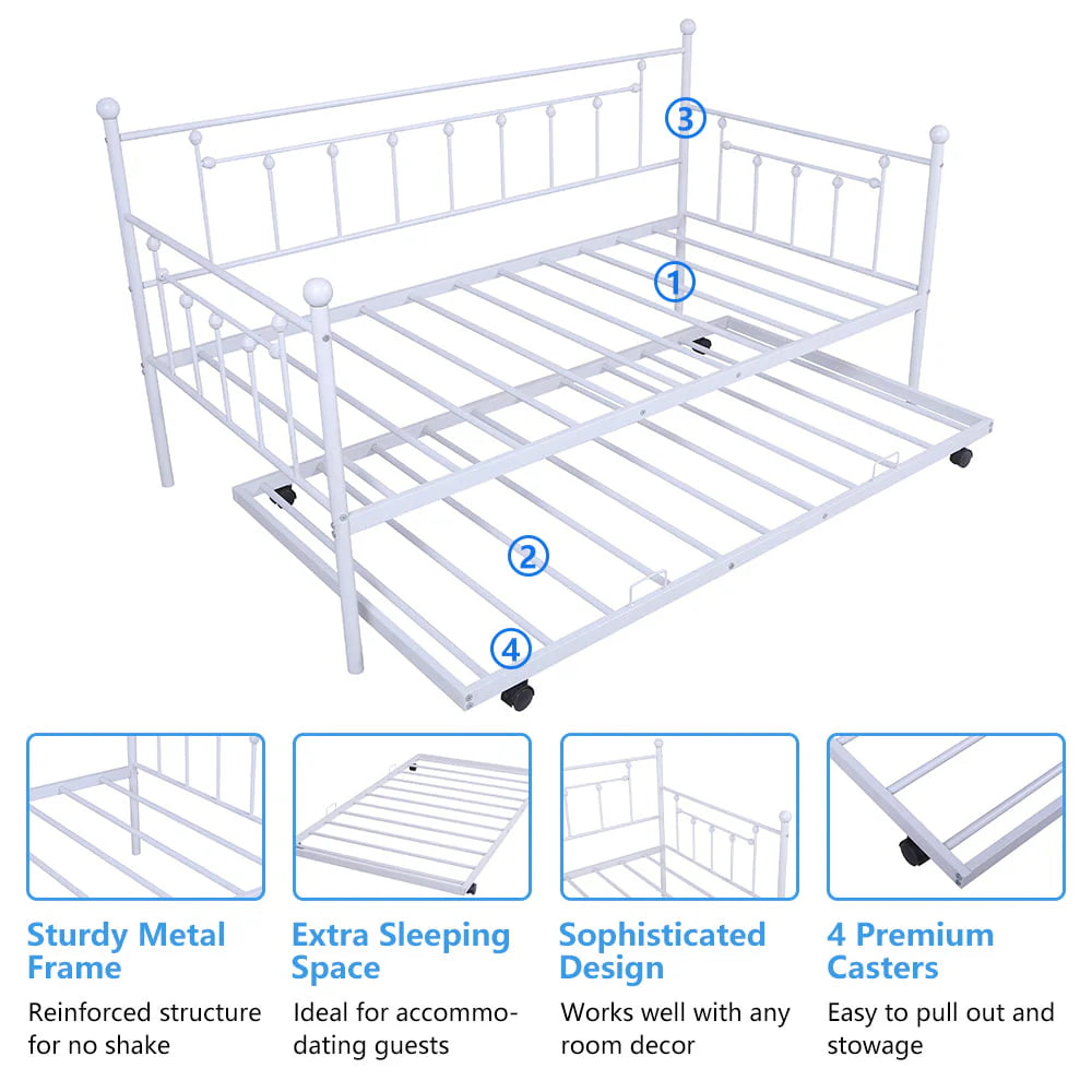 BTMWAY Twin Daybed with Trundle Included, Metal Daybed Frame with Pull Out Trundle Bed, No Box Spring Needed, Twin Size Daybed Sofa Bed for Kid's Room Bedroom, Each Bed Holds 400lb, White