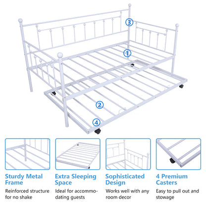 BTMWAY Twin Daybed with Trundle Included, Metal Daybed Frame with Pull Out Trundle Bed, No Box Spring Needed, Twin Size Daybed Sofa Bed for Kid's Room Bedroom, Each Bed Holds 400lb, White