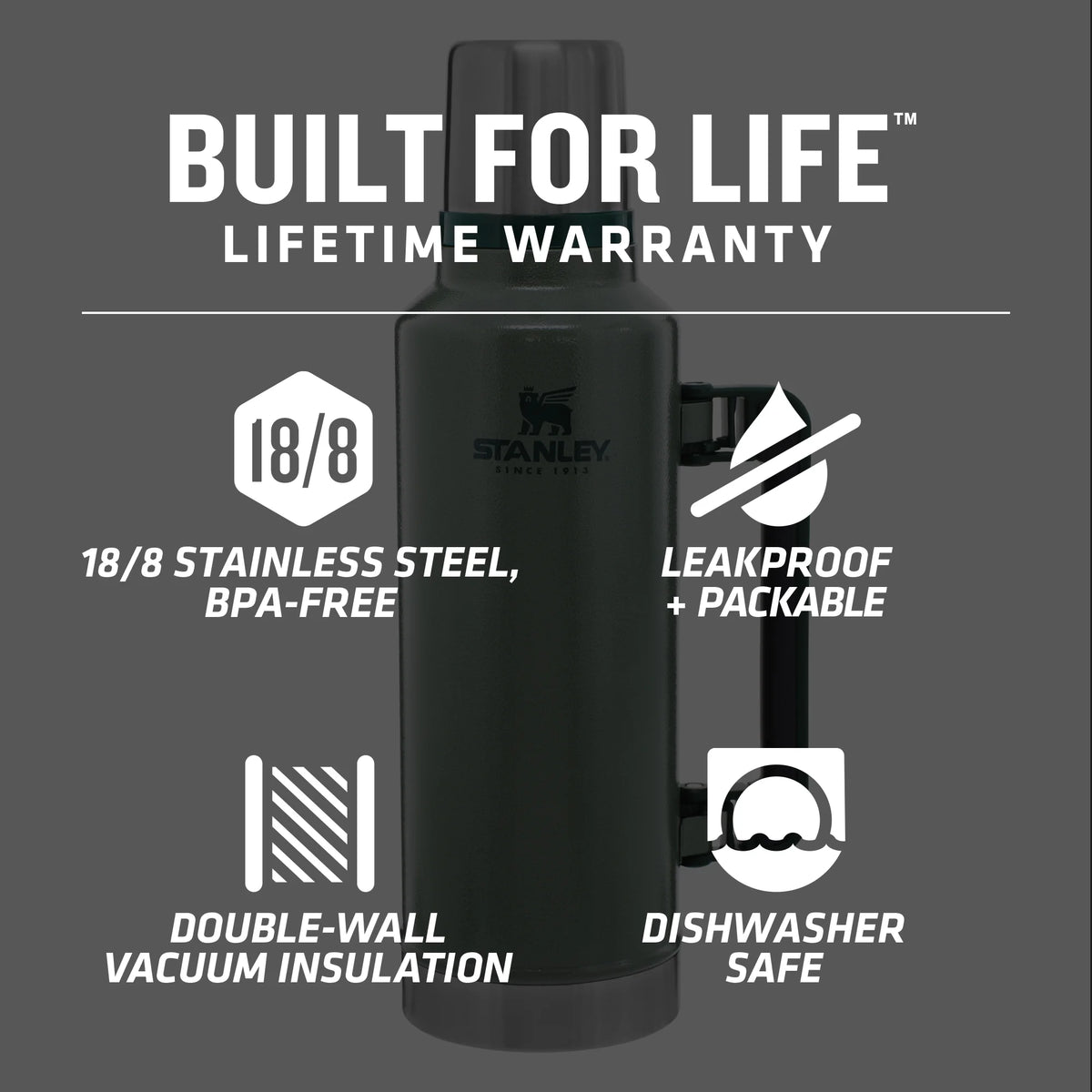 Stanley Classic Vacuum Insulated Stainless Steel Bottle, 2 qt
