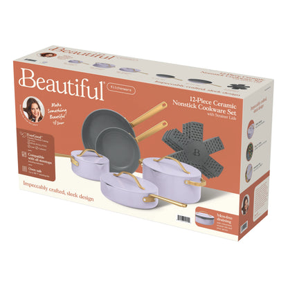 Beautiful 12pc Ceramic Non-Stick Cookware Set with Strainer Lids, White Icing by Drew Barrymore
