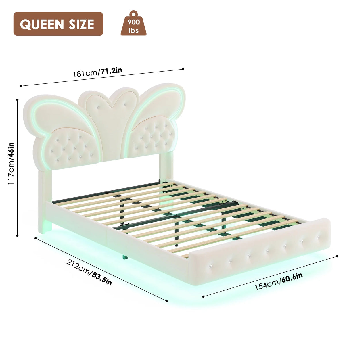 Homfa Twin Size Velvet Upholstered Bed with LED Lights, Floating Platform Bed Frame with Butterfly Crystal Button Tufted Headboard, Pink