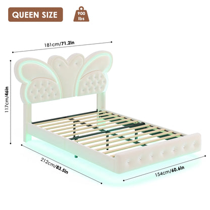 Homfa Twin Size Velvet Upholstered Bed with LED Lights, Floating Platform Bed Frame with Butterfly Crystal Button Tufted Headboard, Pink