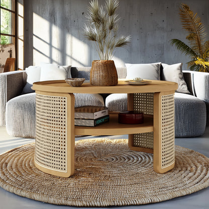 Harper & Bright Designs Rattan Round Coffee Table with Storage Shelf, Round Cane Wood Center Table for Living Room, 37'' Brown