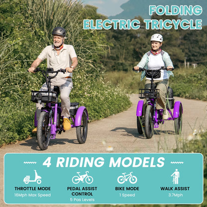MOONCOOL TK1 Folding Electric Tricycle for Adults,48V 14.5Ah Removable battery, 500W（Peak 1000w）Motor, 20" Fat Tire Step-Thru 3Wheel Electric Bicycle w/Front&Rear Baskets, Certified to UL 2849 by SGS