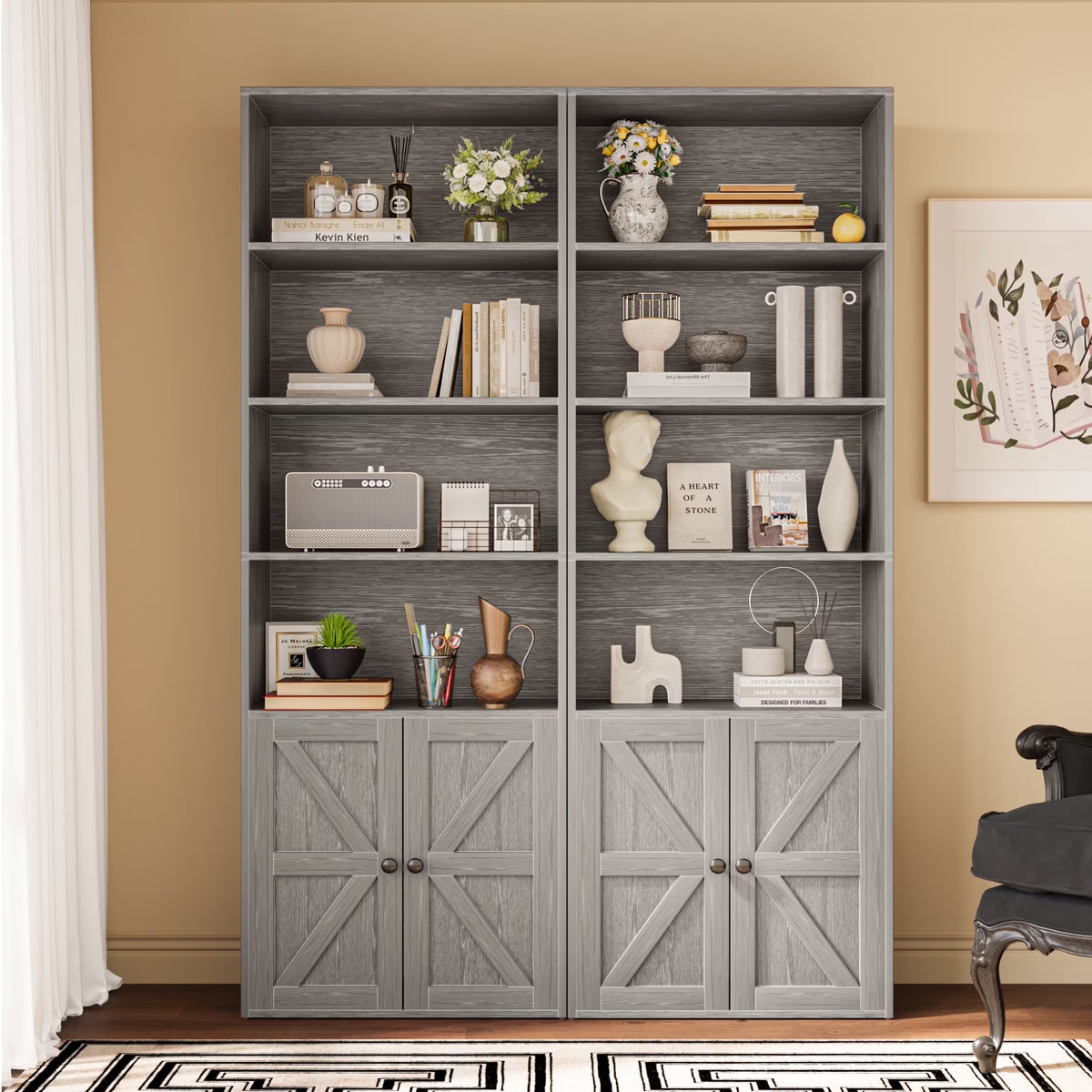 Furmax 1 Piece 4-Shelf Farmhouse Bookcases 4-Tier Bookshelf with Adjustable Shelves&Doors,Storage Cabinet for Home Living room,Kitchen,Office,White