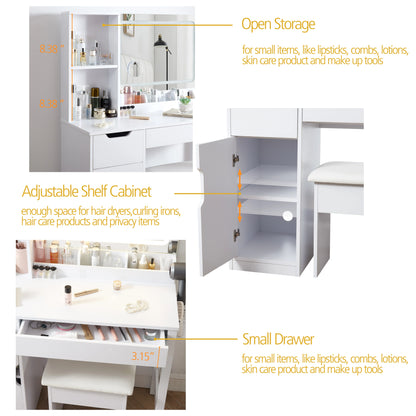 Mainstays Get Ready with Me GRWM Deluxe 2-Piece Vanity and Stool with Lighted Mirror and USB Power, White Finish