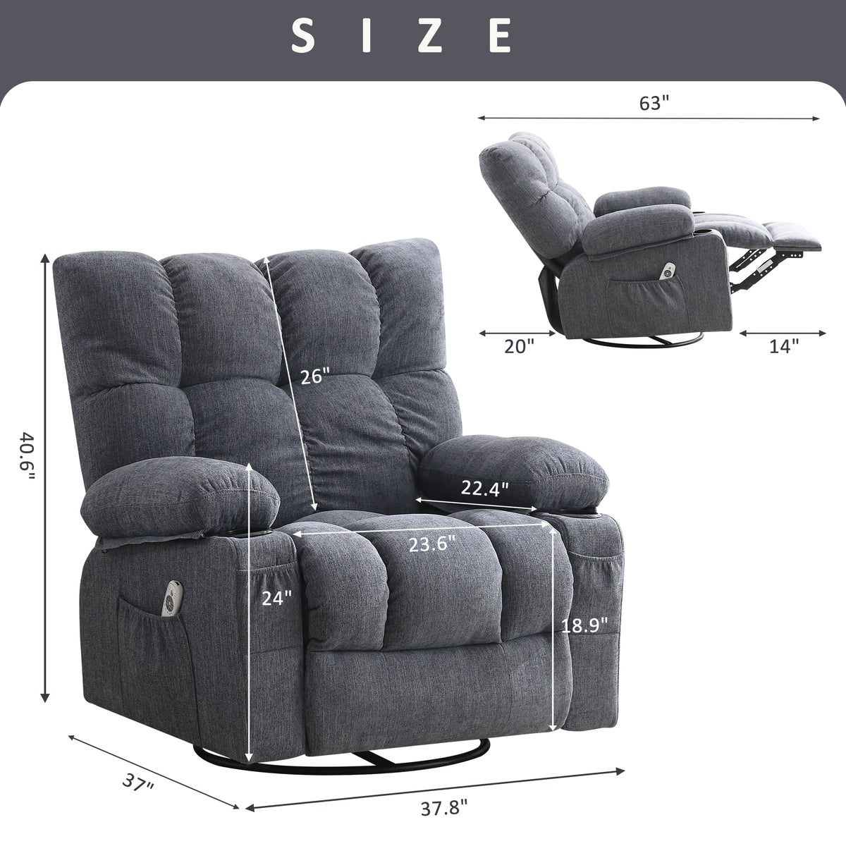 JONPONY Manual Recliner Chair with Heat Therapy and Massage Function, Heavy Duty Reclining Mechanism Massage Chair, Elderly Single Rocker Sofa with Cup Holders for Bedroom Home Theater,Grey