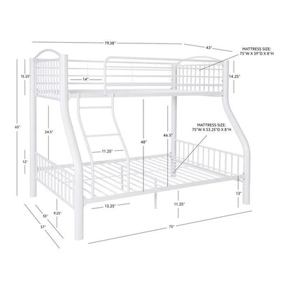 Linon Heavy Metal Twin Over Full Bunk Bed Attached Ladder in White