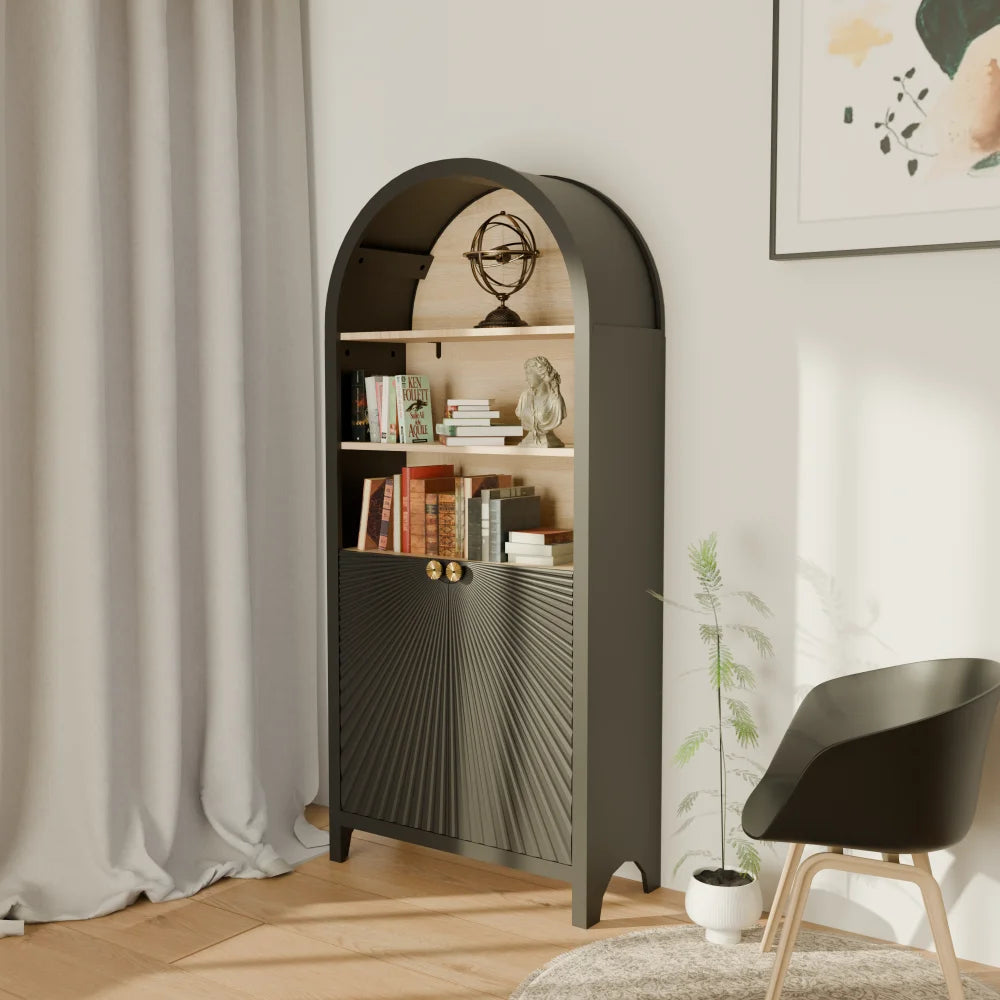 MIDOQIN 5-Tier Black Arched Bookshelf, 61" Tall Arched Bookcase with Storage Shelves and Door
