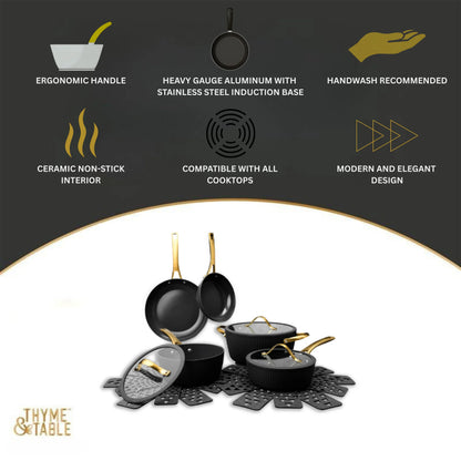 Thyme & Table 12-Piece Nonstick Signature Ribbed Cookware Set, Pots and Pans Set - Black & Gold