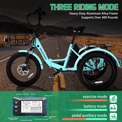 MOONCOOL TK1 Folding Electric Tricycle for Adults,48V 14.5Ah Removable battery, 500W（Peak 1000w）Motor, 20" Fat Tire Step-Thru 3Wheel Electric Bicycle w/Front&Rear Baskets, Certified to UL 2849 by SGS