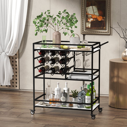 WHIFEA 3-Tier Home Bar Cart with Wine Rack, Mobile Serving Wine Cart on Wheels, Modern Rolling Drink Trolley for Coffee Tea Wine, Beverage Bar Table for Home Kitchen Party, Black
