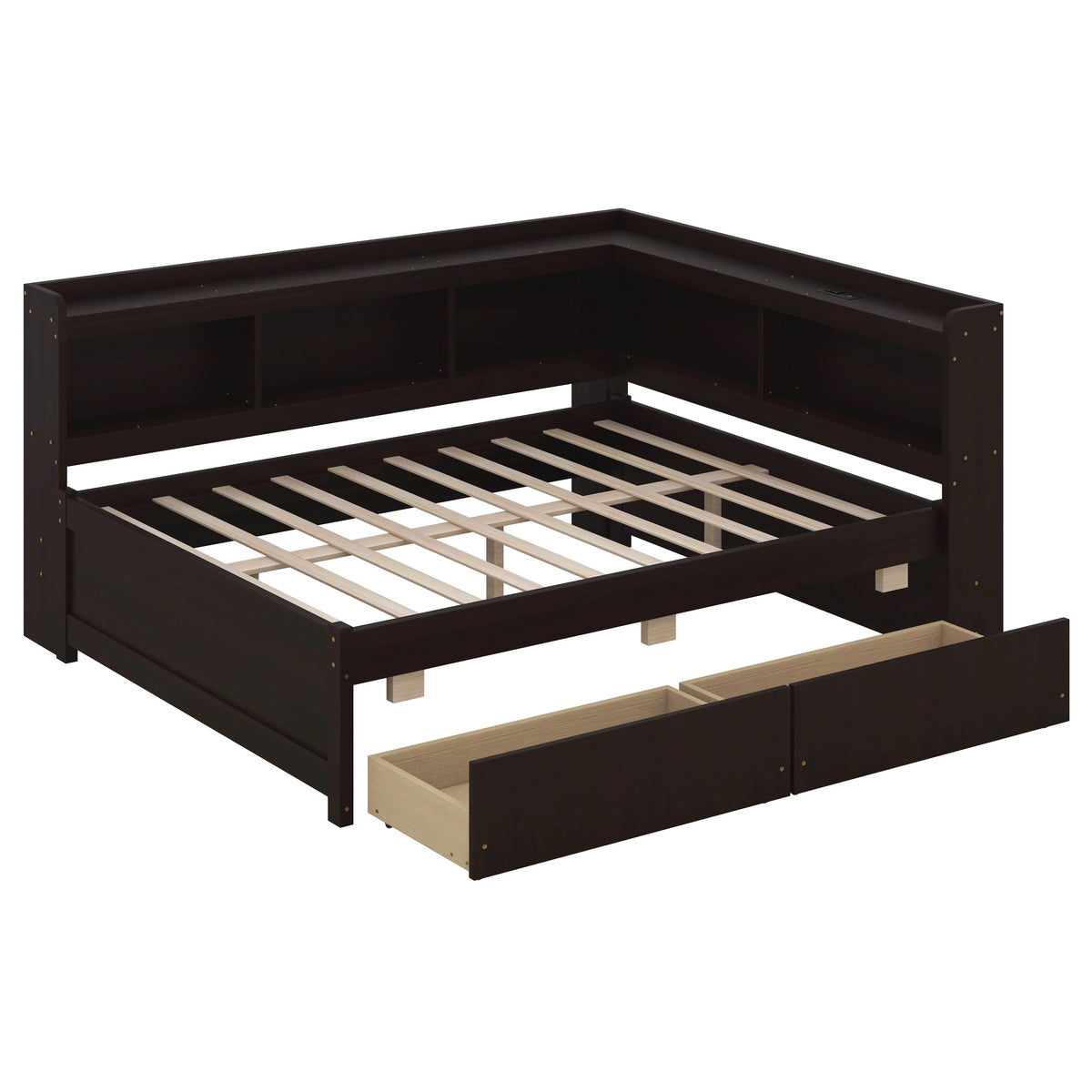 BEBPILOO Twin Size L-Shaped Bookcase Bed with Electrical Outlet, USB Charging Port, Two Drawers, Gray