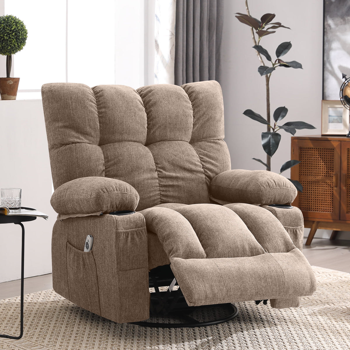 JONPONY Manual Recliner Chair with Heat Therapy and Massage Function, Heavy Duty Reclining Mechanism Massage Chair, Elderly Single Rocker Sofa with Cup Holders for Bedroom Home Theater,Grey