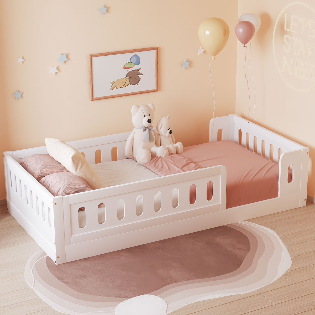 Euroco Wood Twin Size Platform Bed with Guardrail for Toddler and Kids