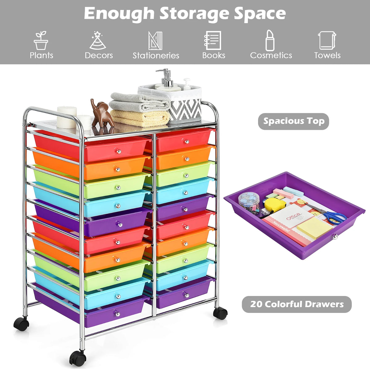 Costway 20 Drawer Rolling Storage Cart Tools Scrapbook Paper Office School Organizer Yellow