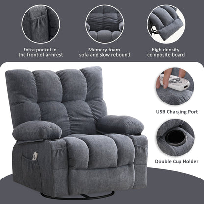 JONPONY Manual Recliner Chair with Heat Therapy and Massage Function, Heavy Duty Reclining Mechanism Massage Chair, Elderly Single Rocker Sofa with Cup Holders for Bedroom Home Theater,Grey