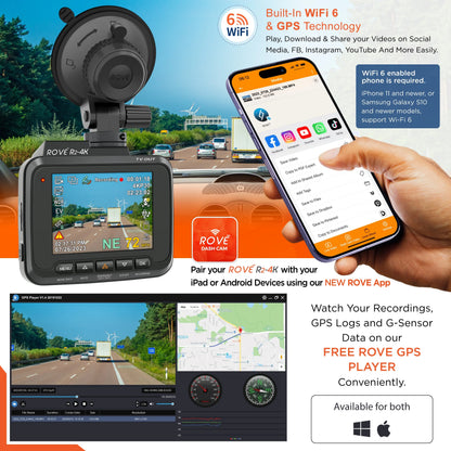ROVE R2-4K Dash Cam Built-in WiFi 6 GPS Car Dashboard Camera Recorder with UHD 2160P, 2.4" IPS Screen, 150 Wide Angle, WDR, Night Vision