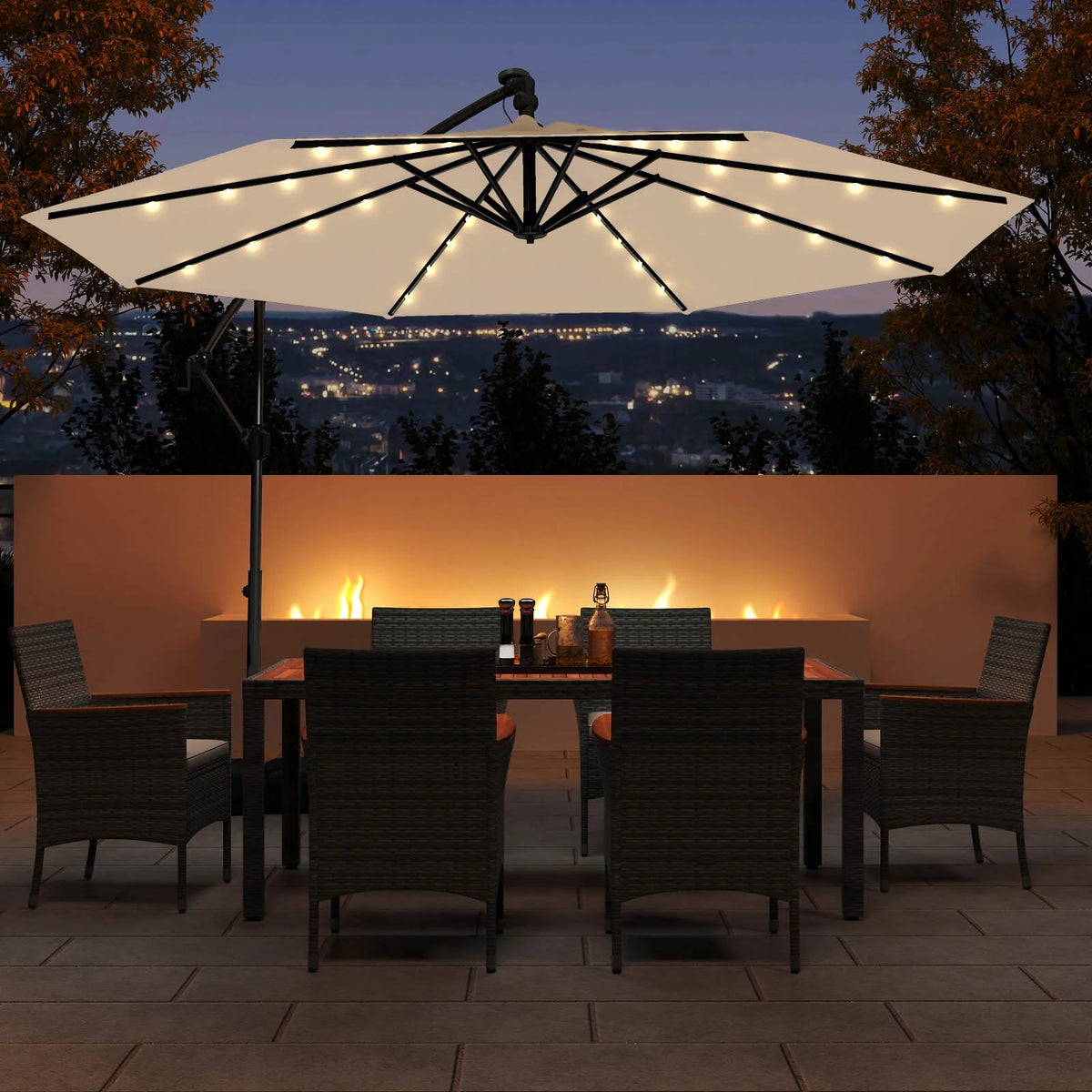 Costway 10 FT Solar Offset Hanging Umbrella Patio Cantilever Umbrella with 32 LED Lights Brown
