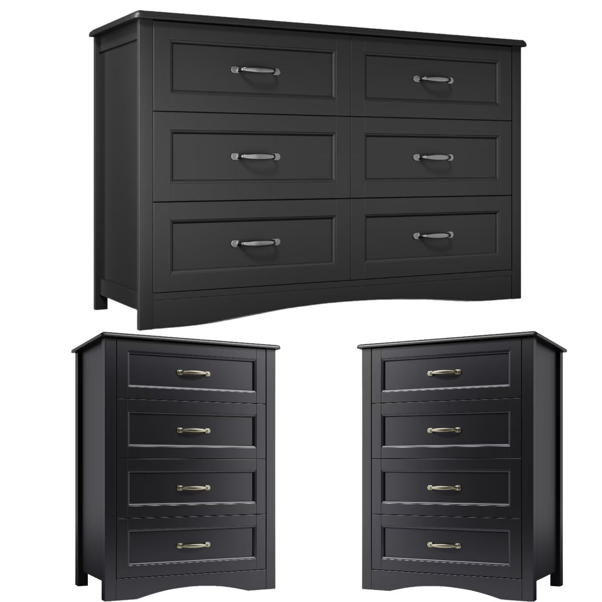 Lofka 3 Piece Nightstands and Dressers Sets , 6 Drawer Dresser & 4 Drawers Nightstand set of 2,Modern Engineered Wood ,White
