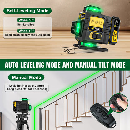 Gisam Laser Level with Tripod , 4x360 Self-Leveling Green Cross Line 4D Laser Tool with Remote Control & 2* 4800mAh Battery