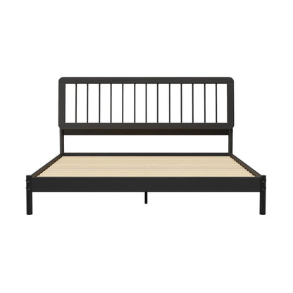Walker Edison Mid-Century Modern Slatted Solid Wood Queen Bedframe, Natural Pine