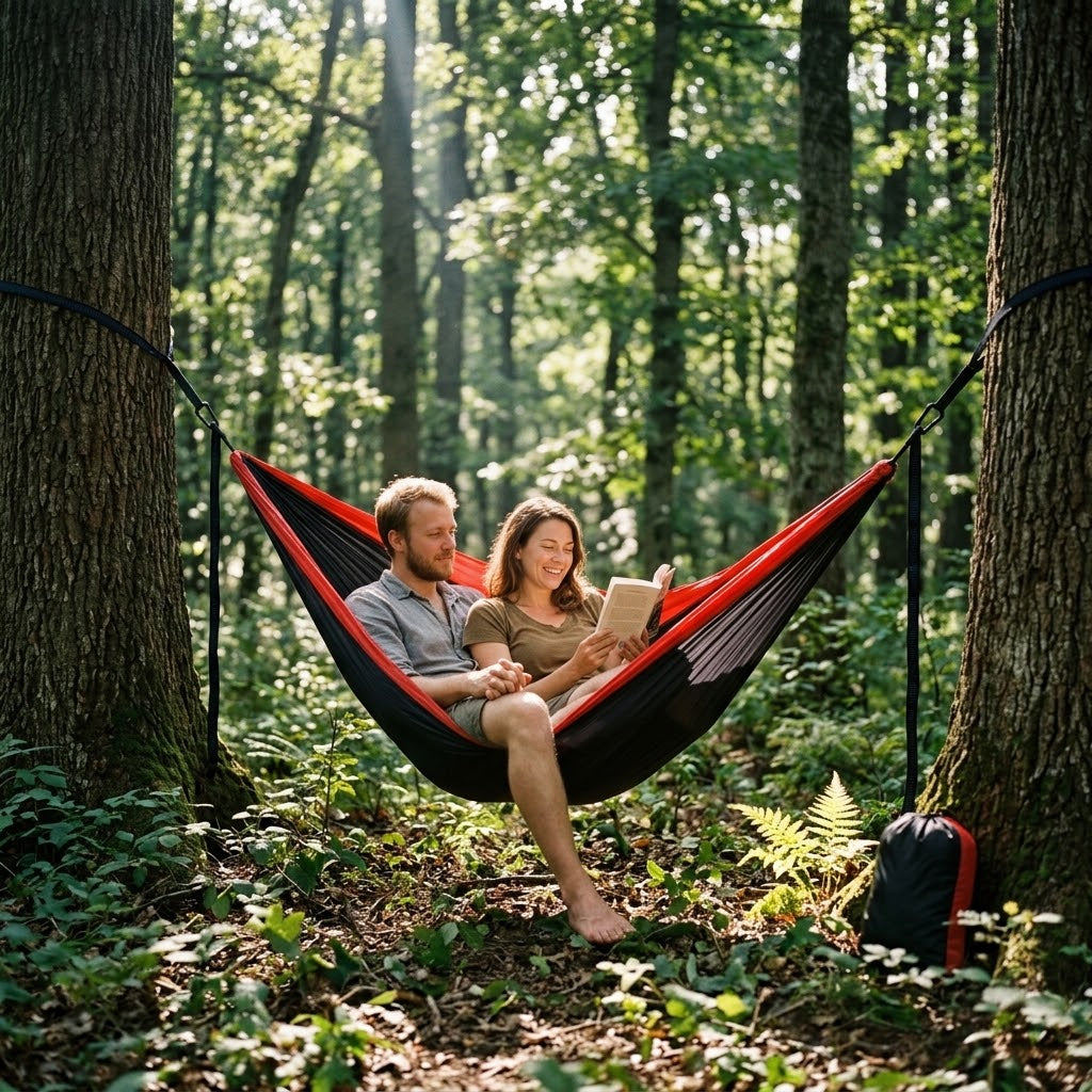 Havenlia double camping hammock with tree straps hung between two trees