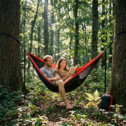 Havenlia double camping hammock with tree straps hung between two trees