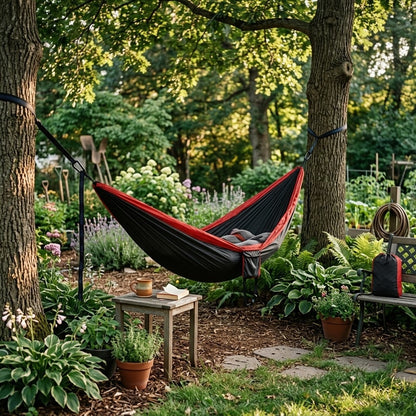 Havenlia double camping hammock with tree straps hung between two trees