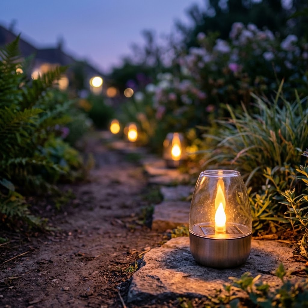Havenlia solar warm glow garden candle lamp glowing on pathway at dusk