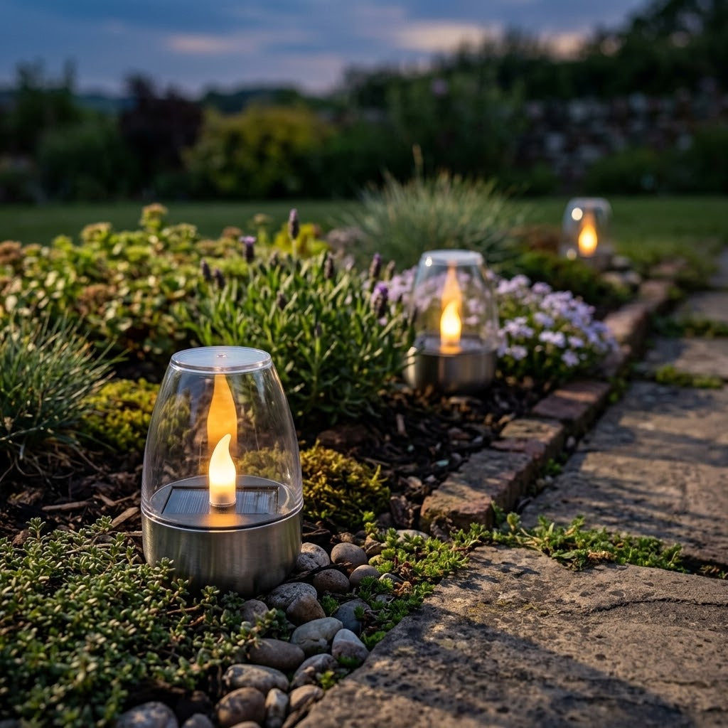 Havenlia solar warm glow garden candle lamp glowing on pathway at dusk