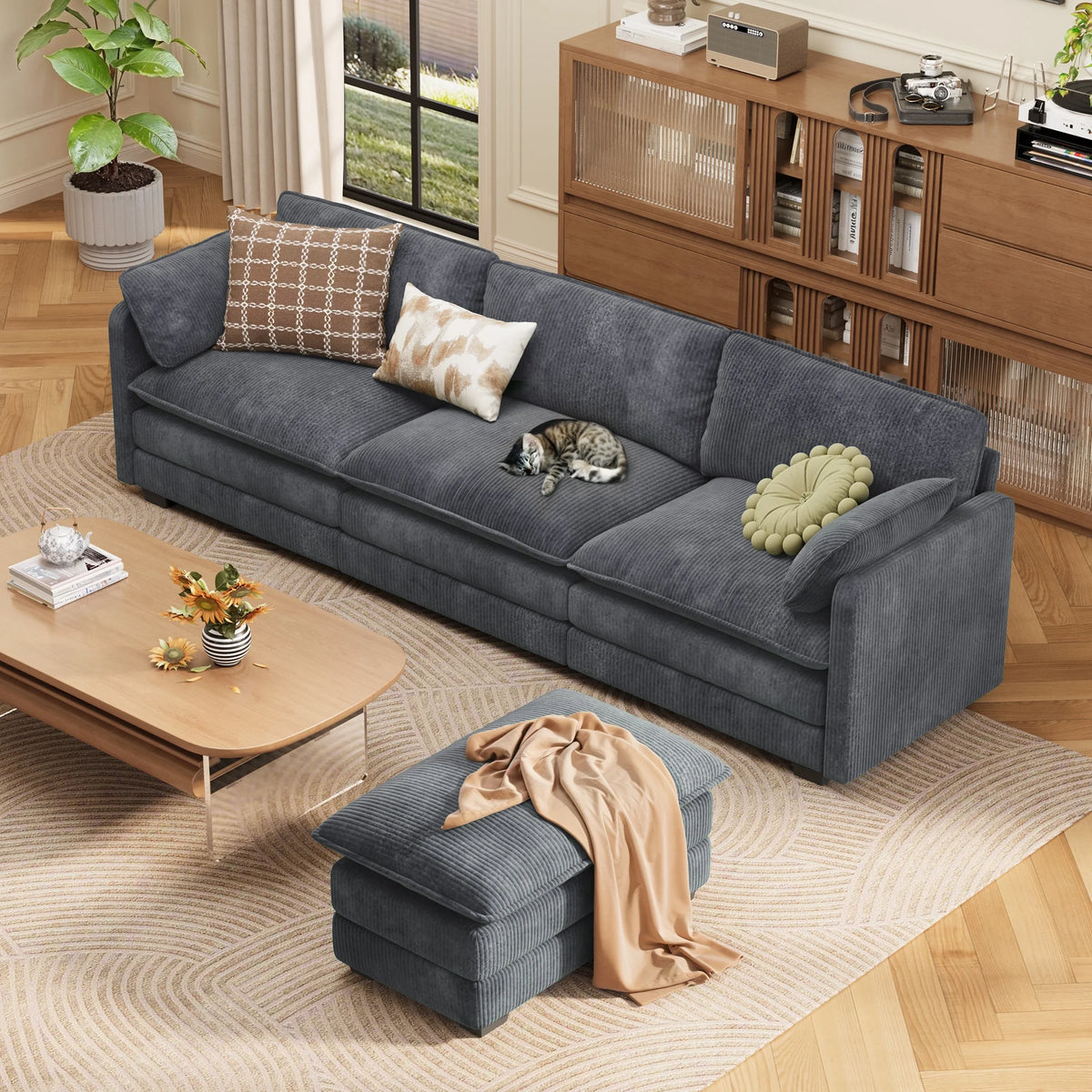 Lofka 110 Modular Sectional Sofa Bed with Double Layer Cushions and Movable Ottoman, Modern Comfy Cloud Couch for Living Room, DIY Combination, Green