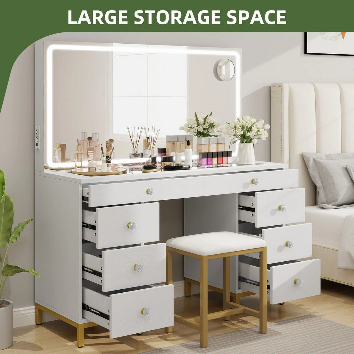 Uforic 55" Vanity Desk with Lighted Mirror & Power Outlet & 8 Drawers, Modern Makeup Vanity Table Set with Storage Stool, White